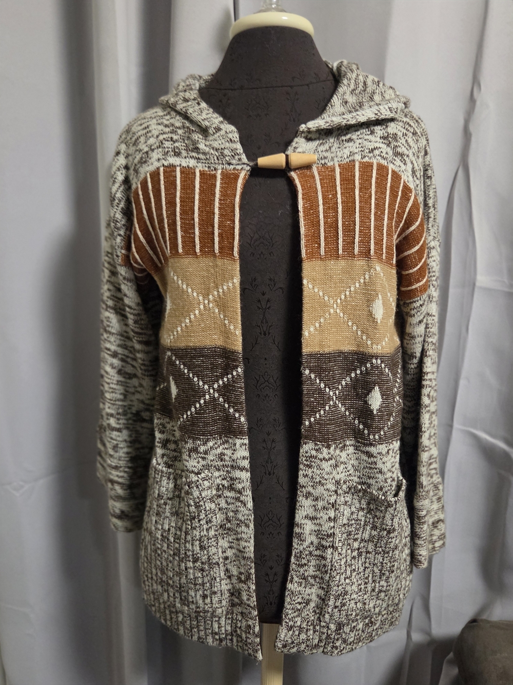 VTG Kmart Hooded Patchwork Knit Sweater Cardigan M Brown/Tan/Cream togglr hippie